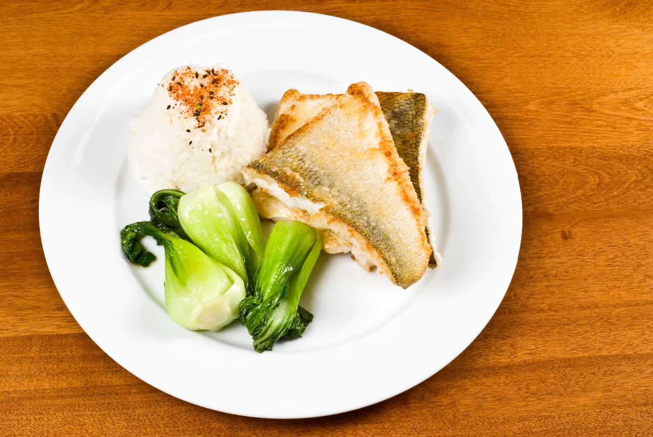 Pickeral fish pan fried with rice and bok choy